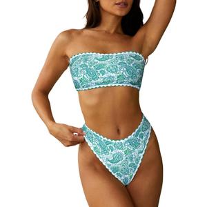 ZAFUL Women Strapless Ribbed High Cut Bandeau Bikini Lace Up 2 Pieces Swimwear (X-Large, 8-green Print)