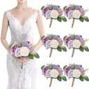 Artificial Bridesmaid Bouquets 6 Pcs - 7 Inch Pre-made Bridesmaids Bouquet Small Silk Rose Handmade for Wedding Holding Flowers, Bridal Shower Wedding Centerpieces Ceremony and Anniversary- Lilac