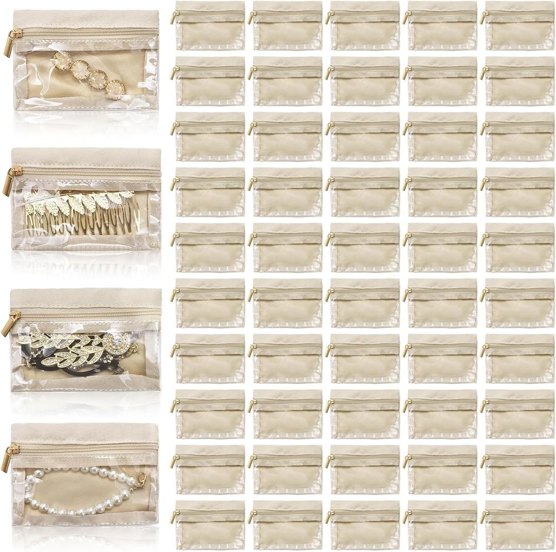 50 Pieces Travel Jewelry Bags, Clear Jewelry Pouch Bag with Zipper, Portable Velvet Earring Storage Necklace Organizer for Women Gift, Rings, Bracelets, Beige