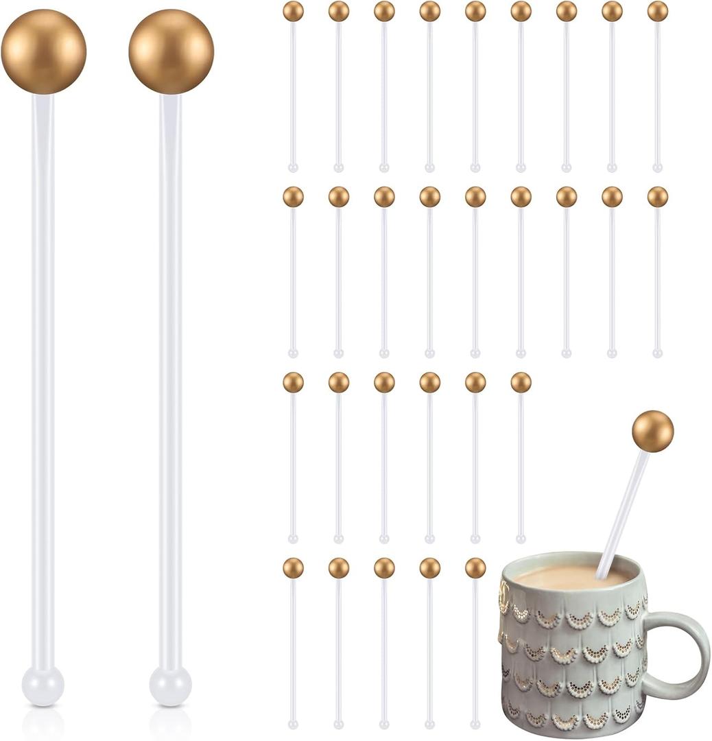 Mimorou 30 Pcs 6'' Christmas Gold Pearl Swizzle Sticks Plastic Drink Stirrers Xmas Cocktail Stirrers for Drinks Hot Cocoa Coffee Tea Festive Reusable Beverage Decorations
