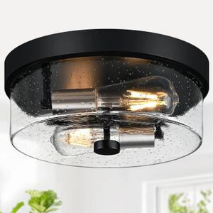 Flush Mount Ceiling Light Fixtures, 2-Light Black and Silver Ceiling Mount for Farmhouse with Seeded Glass Lampshade, Industrial Flush Mount Light Fixture for Hallway, Kitchen, Entryway and Foyer