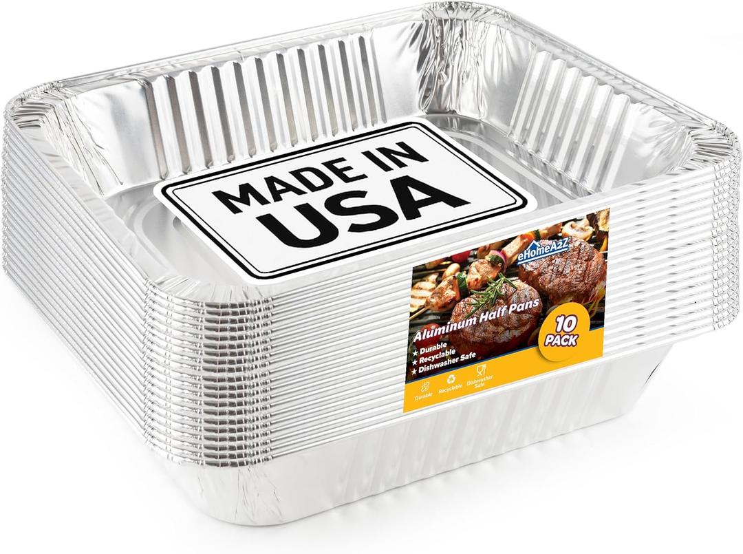 EHOMEA2Z Aluminum Pans Disposable Half Size (10 Pack)  MADE IN USA  9x13 Heavy Duty Foil Pans, Durable & Recyclable Baking Pans, Eco-Friendly, Lightweight, Great for BBQ, Parties & Catering