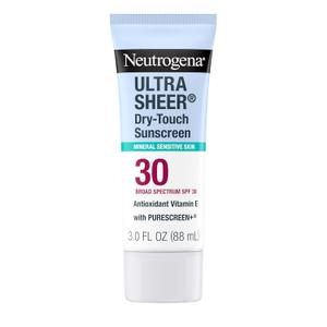 Neutrogena Ultra Sheer Dry-Touch Mineral Sunscreen For Face & Body, SPF 30 Broad-Spectrum UVA/UVB Protection, Titanium Dioxide & Zinc Oxide Sunscreen, Oxybenzone-Free, 3.0 fl. oz