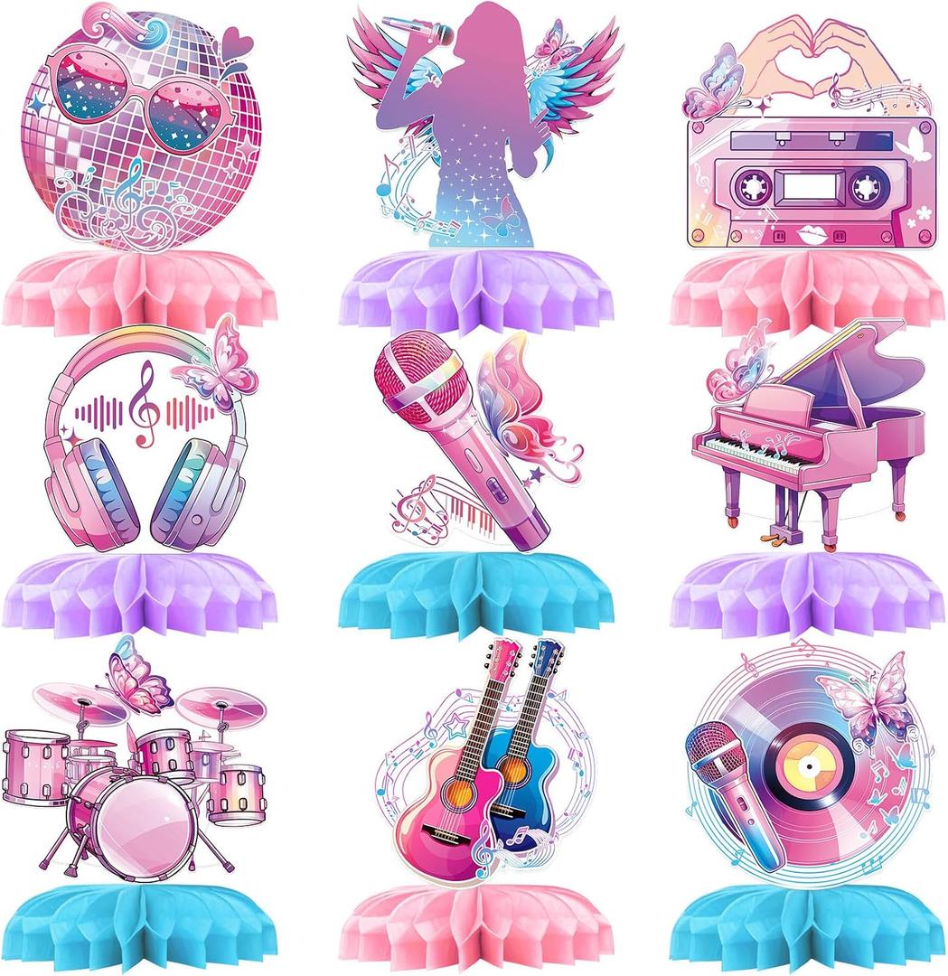 9Pcs Music Themed Party Decorations Girls Birthday Decorations Honeycomb Centre Decorations Pop Singer Themed Table Decorations Fan Celebration Party Supplies