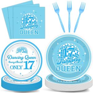 96Pcs Dancing Queen 17th Birthday Party Supplies Young and Sweet Only 17 Birthday Paper Plates Napkins Disposable Dancing Queen Disco Dinnerware for Party Bachelorette Decoration Serve 24