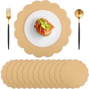 60 Pcs Kraft Paper Placemats, 13.5 Inch Scalloped Placemat Disposable Round Table Place Mats Decorative Paper for Dining Table Birthday Rustic Farmhouse Holiday Party