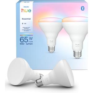 Philips Hue Essential Smart LED BR30 Bulb 2-Pack, White and Color Ambiance, E26, 7.2W, 2200K-6500K, 650 Lumens, Dimmable, Works with Alexa, Google Assistant, Apple Home