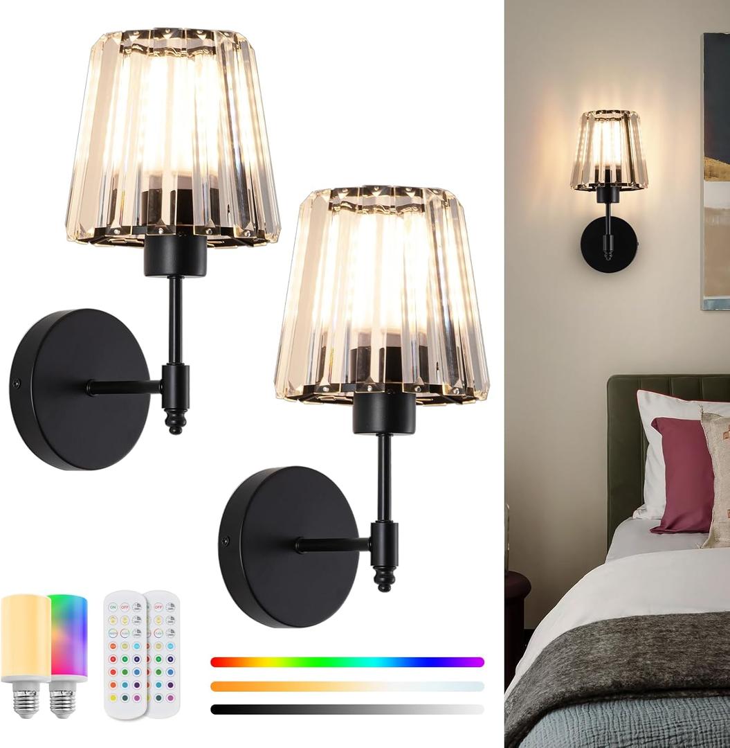 Battery Operated Crystal Wall Sconces Set of 2, Wireless Wall Lamp with RGB Rechargeable Dimmable Bulbs, Modern Wall Sconce with Remote for Bedroom, Living Room, Bulbs Included(Black)