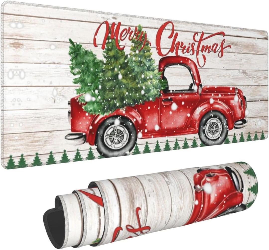 Farm Rustic Vintage Retro Old Merry Christmas Red Truck Gaming Keyboard Mouse Pad Mousepad Desk Mat Huge Extended XL Rubber Sole for Home Office 31.5"X 11.8" (One Size, Black10)