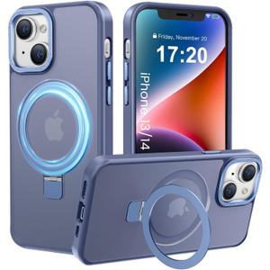 Compatible with iPhone 13/14 Case with Magnetic Ring Stand, Military Drop Protection, Anti-Scratch/Anti-Fingerprint Translucent Matte Phone Case for iPhone 13/14 (Light Blue)
