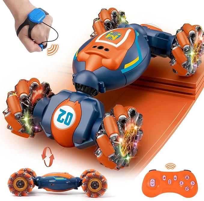 QXHOL Gesture Sensing RC Stunt Car for Boys 6-12, 4WD NO Remote Control Toy With Lights Music, Best Birthday Gift for Kids, 2.4Ghz Hand Control Drift, Blue Orange