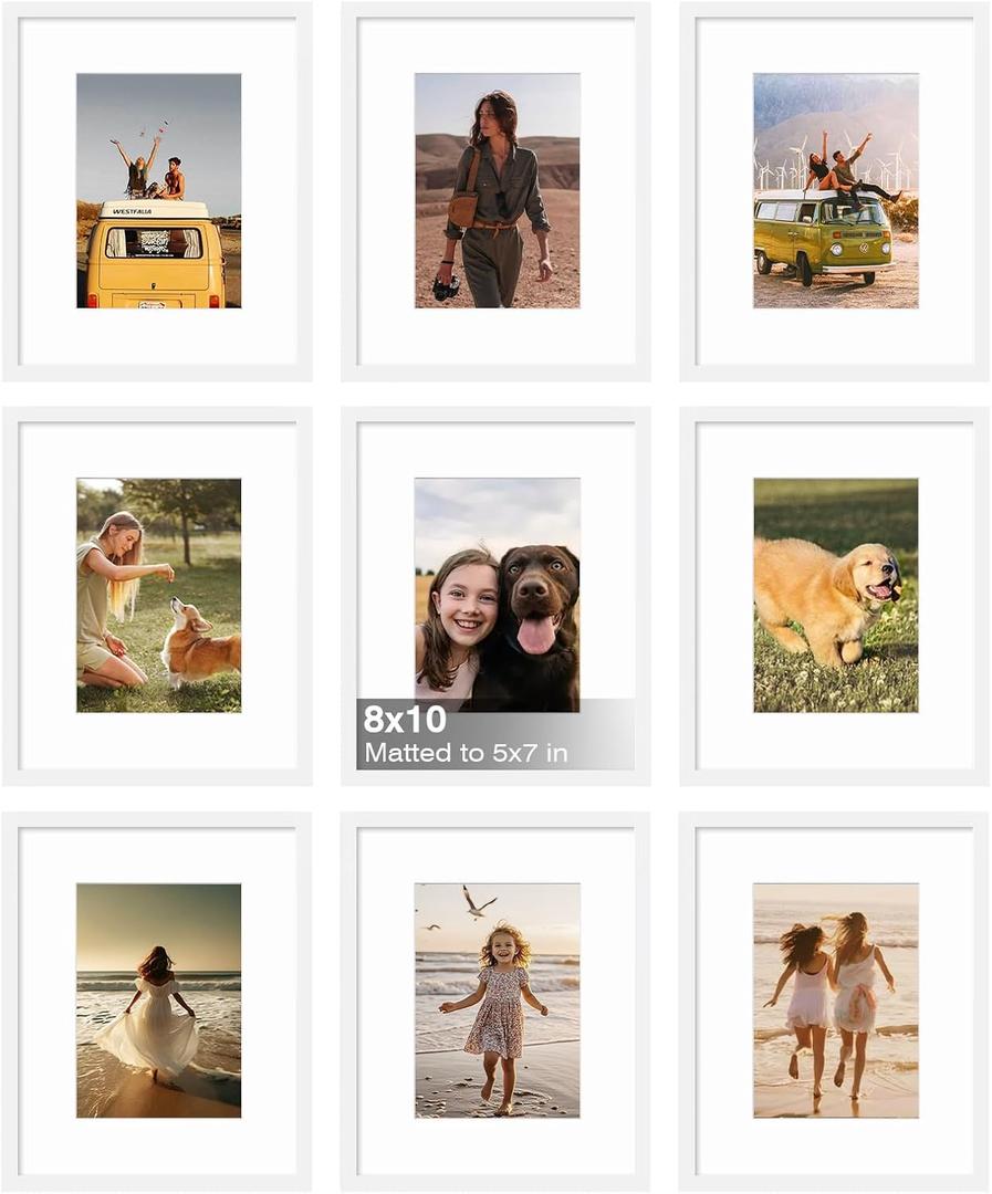 KINLINK 8x10 Picture Frame Set of 9, 10x8 Photo Frames with Plexiglass for 5x7 Pictures with Mat or 8x10 Without Mat, Art Collage for Wall Gallery and Tabletop Display, 8 x 10 Frame White