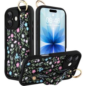 Compatible with iPhone 17 Case with Wrist Strap, Cute Floral Design for Women Girls, Soft TPU Silicone Case, Adjustable Wristband Kickstand Raised Camera Protection Cover, Black