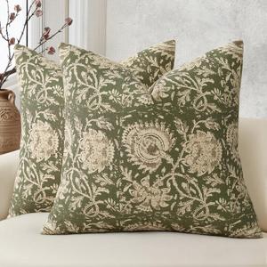 DKwizme Vintage Floral Print Throw Pillow Covers 18x18 Set of 2 Neutral Modern Farmhouse Pillowcases Accent Decorative Cushion Covers Boho Home Decor for Couch Sofa Chair Bed Living Room, Olive Green