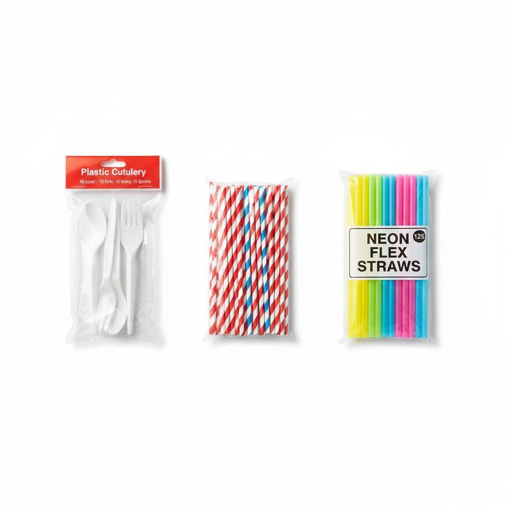 Party Straws and Plastic Cutlery Forks/Spoons