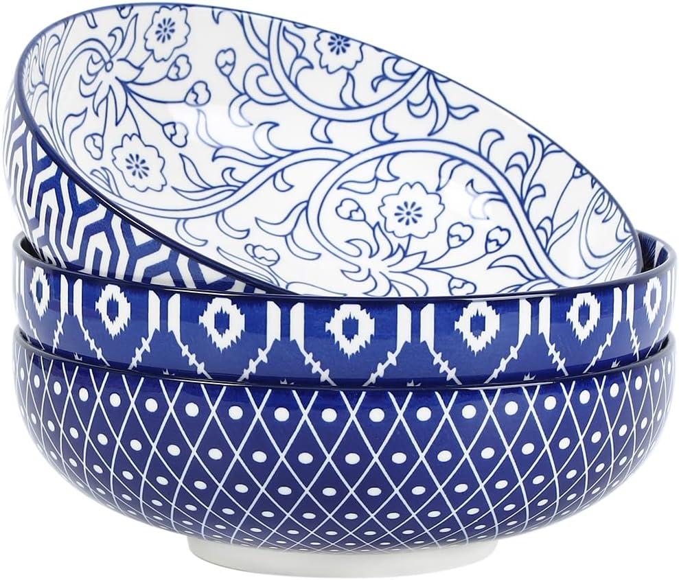 Selamica 9.5" Serving Bowls, 60 OZ Large Salad Bowls Set of 3 for Entertaining Party, Ceramic Bowls for Kitchen, Pasta, Soup, Dinner, Vintage Blue