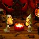 Glow-in-The-Dark Ghost Campfire Gathering, Cute & Cozy Halloween Ghost Figurine Set | 2 Ghosts, Ghost Dog, Ghost Cat and Tea Light Holder | Resin Ghost Statue for Home, Mantel, Shelf, Desk