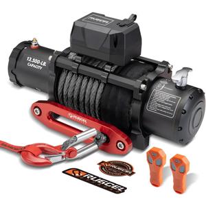 RUGCEL WINCH 13500lb Waterproof Electric Truck Winch 12V Synthetic Black Rope Winch with Hawse Fairlead,Wired Handle and 2 Wireless Remote,for Trailer and Wrangler in Car Lift