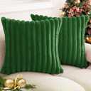 Christmas Dark Green Faux Fur Plush Throw Pillow Covers 18x18 Set of 2 Fuzzy Striped Soft Cozy Pillowcase Luxury Decorative Pillows Square Fluffy Cushion Covers for Couch Sofa Bed