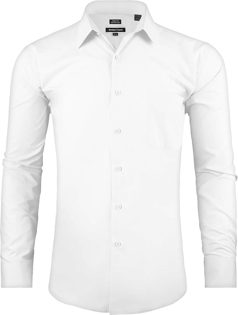 Men's Dress Shirt Regular Fit Long Sleeve Wrinkle-Resistant Business Formal Solid Button Down Shirts with Pocket (White)