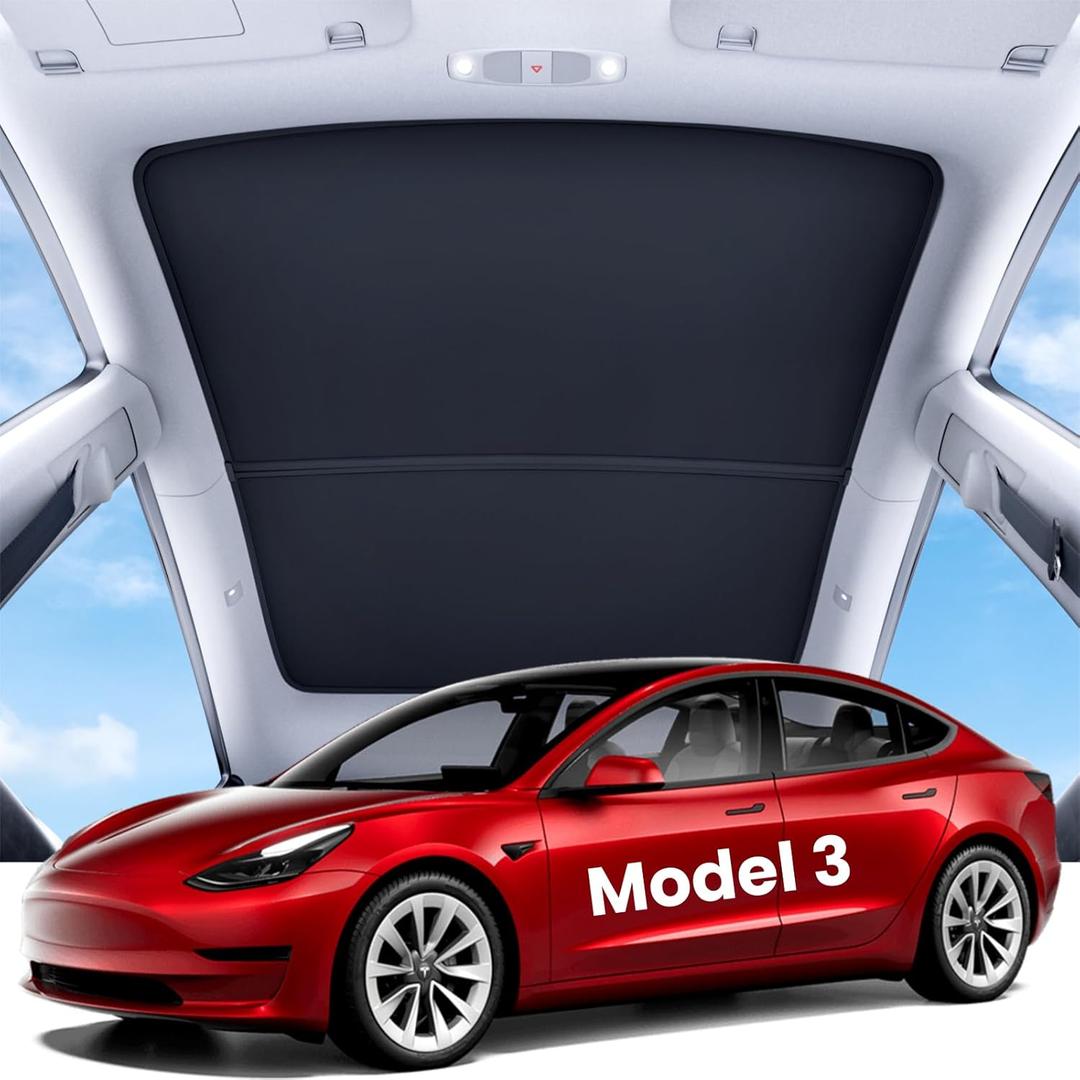 REEVAA 2026 Upgraded Tesla Model 3 Sunshade Roof [No Gaps, No-Sagging] Model 3 Accessories Heat Insulation Foldable Glass Sunroof Cover for Model 3 2020-2026 Highland, 2PCS, Black