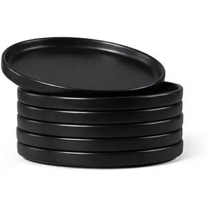 E-far 7.9 Inch Ceramic Dinner Plates, 6-Piece Stoneware Salad Plates with Raised Edges, Chip & Scratch Resistant | Microwave & Dishwasher Safe Dessert Dishes for Appetizer Salad, Matte Black