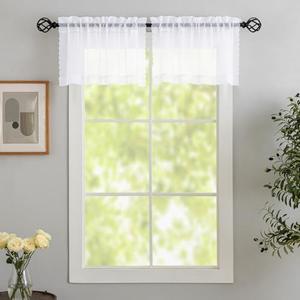 MYSTIC-HOME Sheer White Valances for Windows 2 Pack, Small Window Kitchen Curtains for Living Room Bathroom Cafe Laundry Basement, Modern Top Dual Rod Pocket Voile Curtain, 30W x 14L inches, White