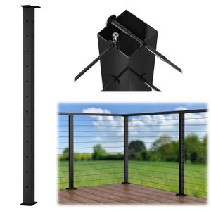 Muzata Black Corner Cable Railing Post 42 Inch 42"x2"x2" T-drilled One-Post Corner Solution Surface Mount Stainless Steel Cable Railing System Kit Indoor Outdoor with Paper User Guide PS02 B34L