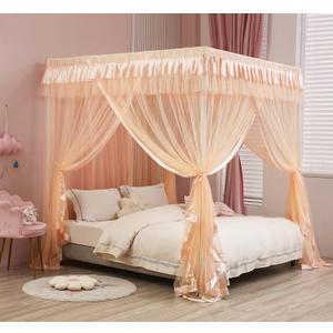 Mengersi Canopy Bed Curtains - Bed Canopy Royal Luxurious Cozy Drapes Netting- Elegant Bedroom Decoration Accessories for Adults(Queen,Peach)