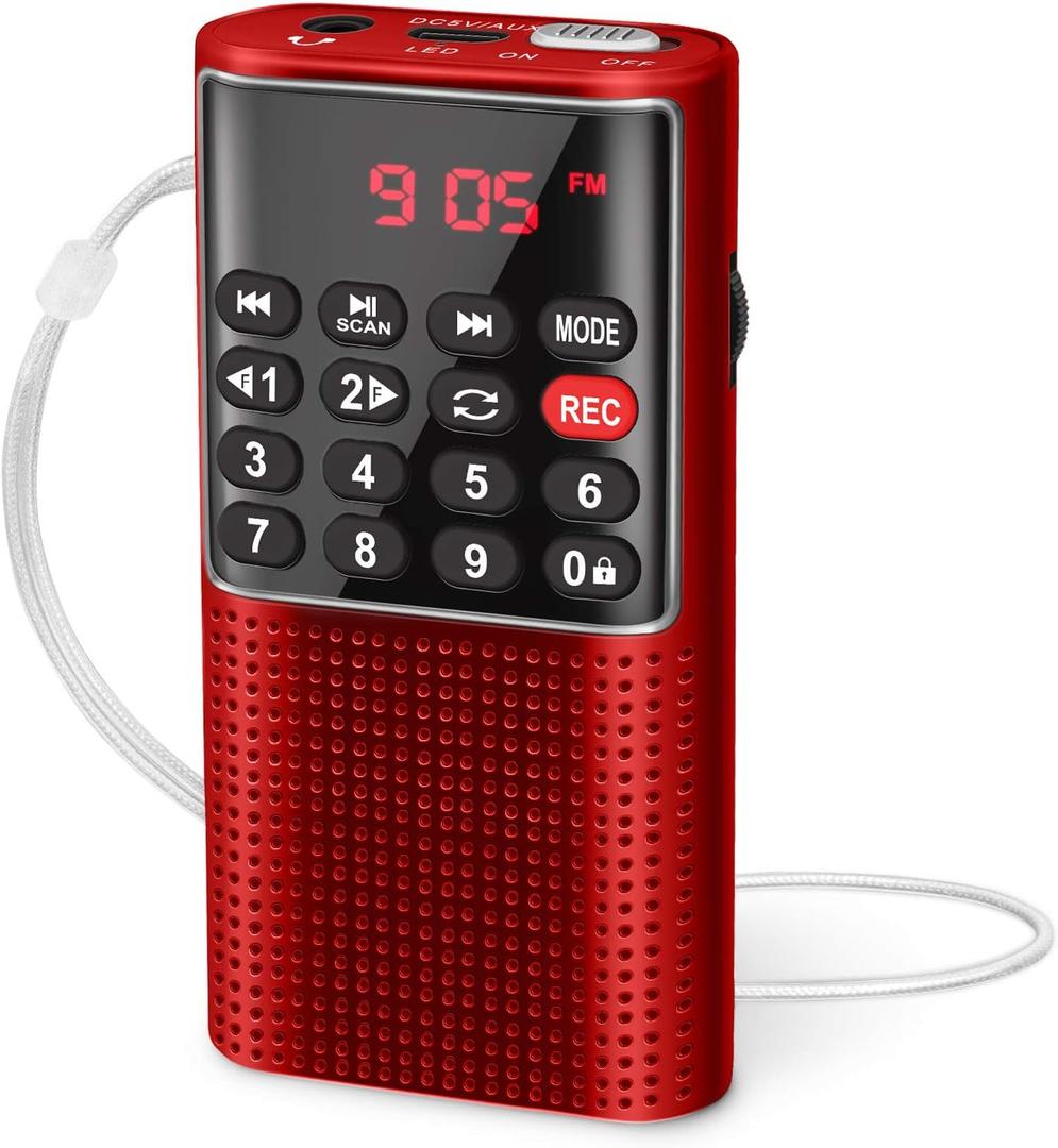 PRUNUS J-328 Mini Portable Pocket FM Radio MP3 Walkman Radio with Recorder, Gifts for Mom, Lock Key, SD Card Player, Rechargeable Battery Operated(NO AM) Red