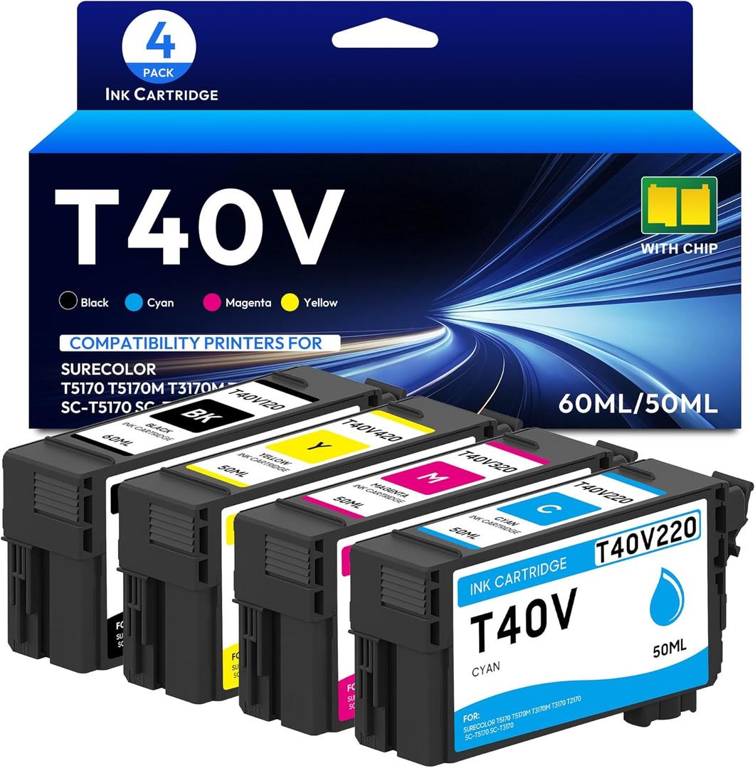 T40V Ink Cartridge Set (with New Chip) 60ML High Capacity Remanufactured T40V120 T40V220 T40V320 T40V420 Ink Cartridge Replacement for SureColor T2170 T3170 T3170M T5170 T5170M Printer Ink, 4-Pack