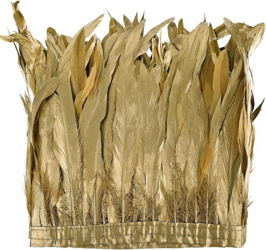 Gold Rooster Feather Trim 8-10inch 2.15Yards Large Rooster Tail Feathers Fringe Trim for DIY Sewing Craft Party Clothing,Cape Shawl,Wings,Halloween,Wedding Decoration
