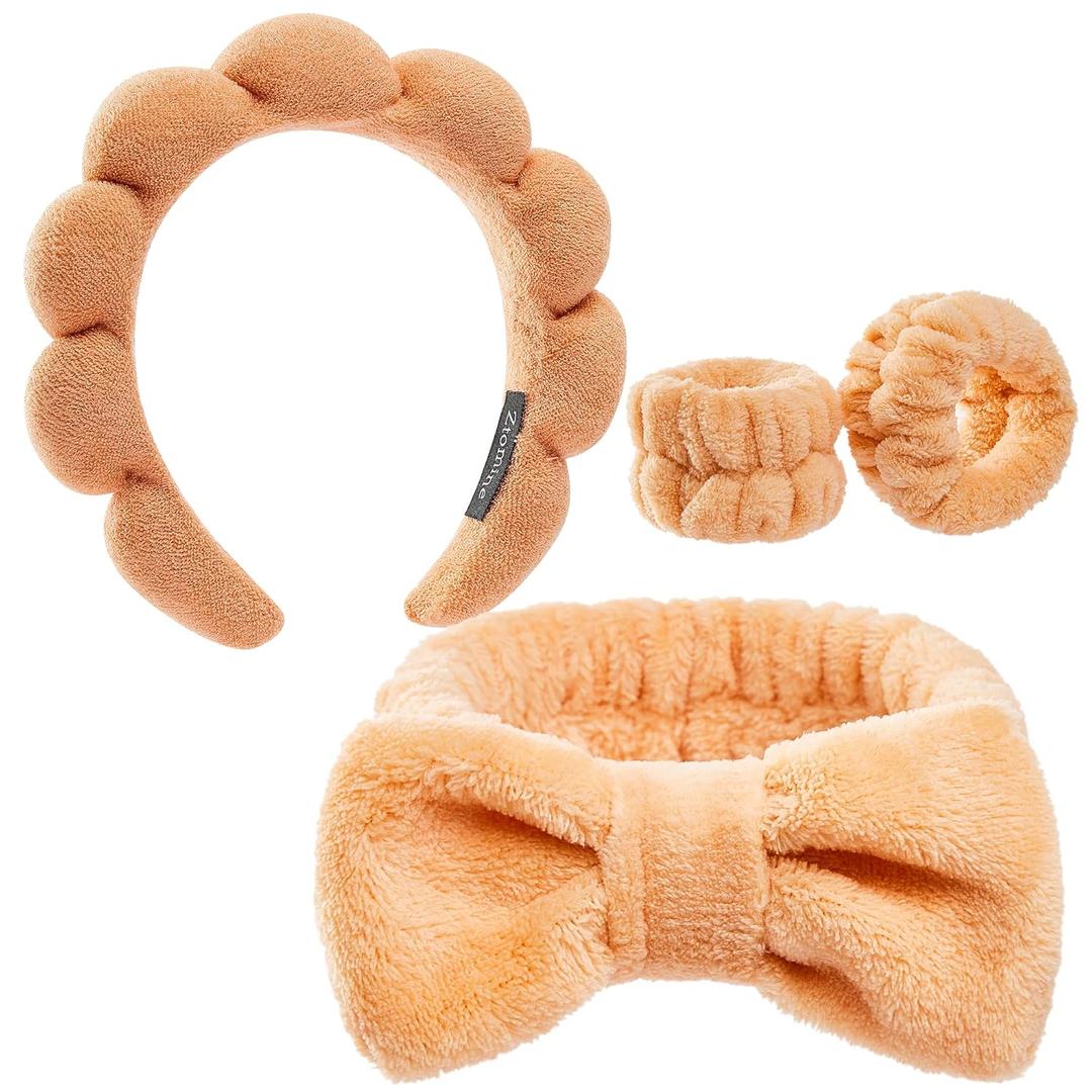 Headbands for Women - Spa Headband and Wristband Set - Headband for Washing Face,Facial Mask,Makeup and Skin Care,Gifts for Women and Teen Girl Gifts Trendy Stuff (light orange)