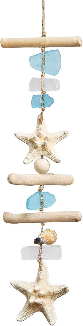 JQAQJU Sea Glass Wooden Nautical Wall Decor, Coastal Starfish Bathroom Decor Sea Shells, Driftwood Beach Room Decor for Home Indoor Outdoor, Coastal Wall Art for Living Room, Bedroom and Dining Room