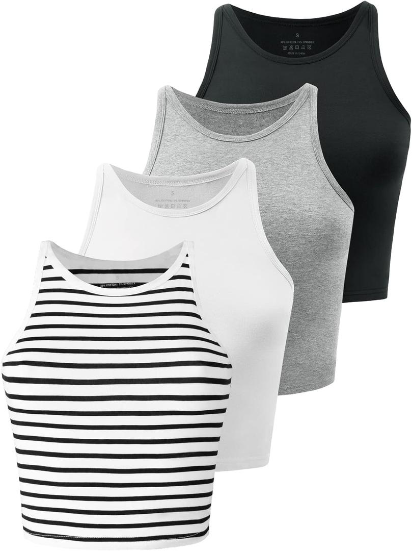 Kole Meego Crop Tops For Women Workout Cropped Tank Top High Neck Camisole Yoga Shirts Athletic Undershirts 4 Pack (Small, Black/White/Grey/Striped)