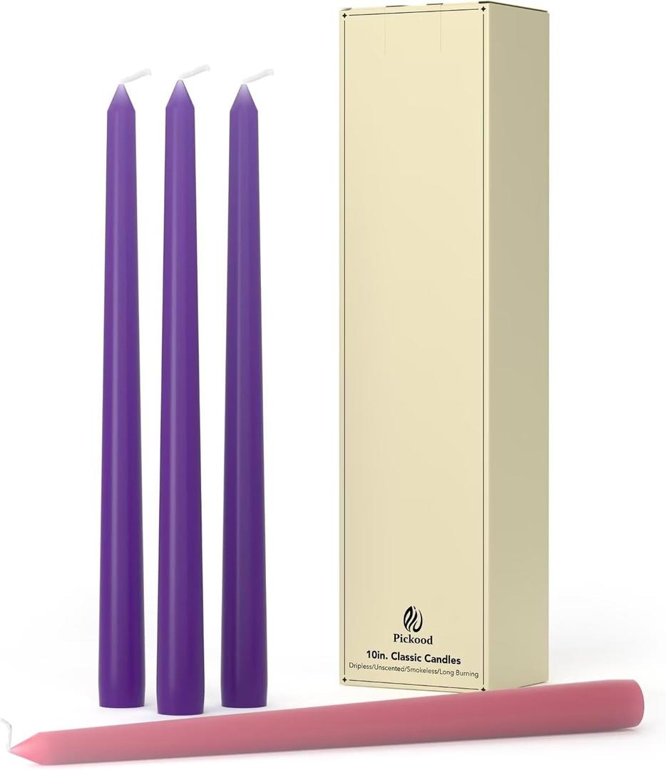 10-Inch Tall Dripless Advent Candles Set of 4, Tapered Candles, Perfect for Christmas - Smokeless, Unscented, Long Burning - Hand Poured, Colored Tall Candlesticks - Pink and Purple