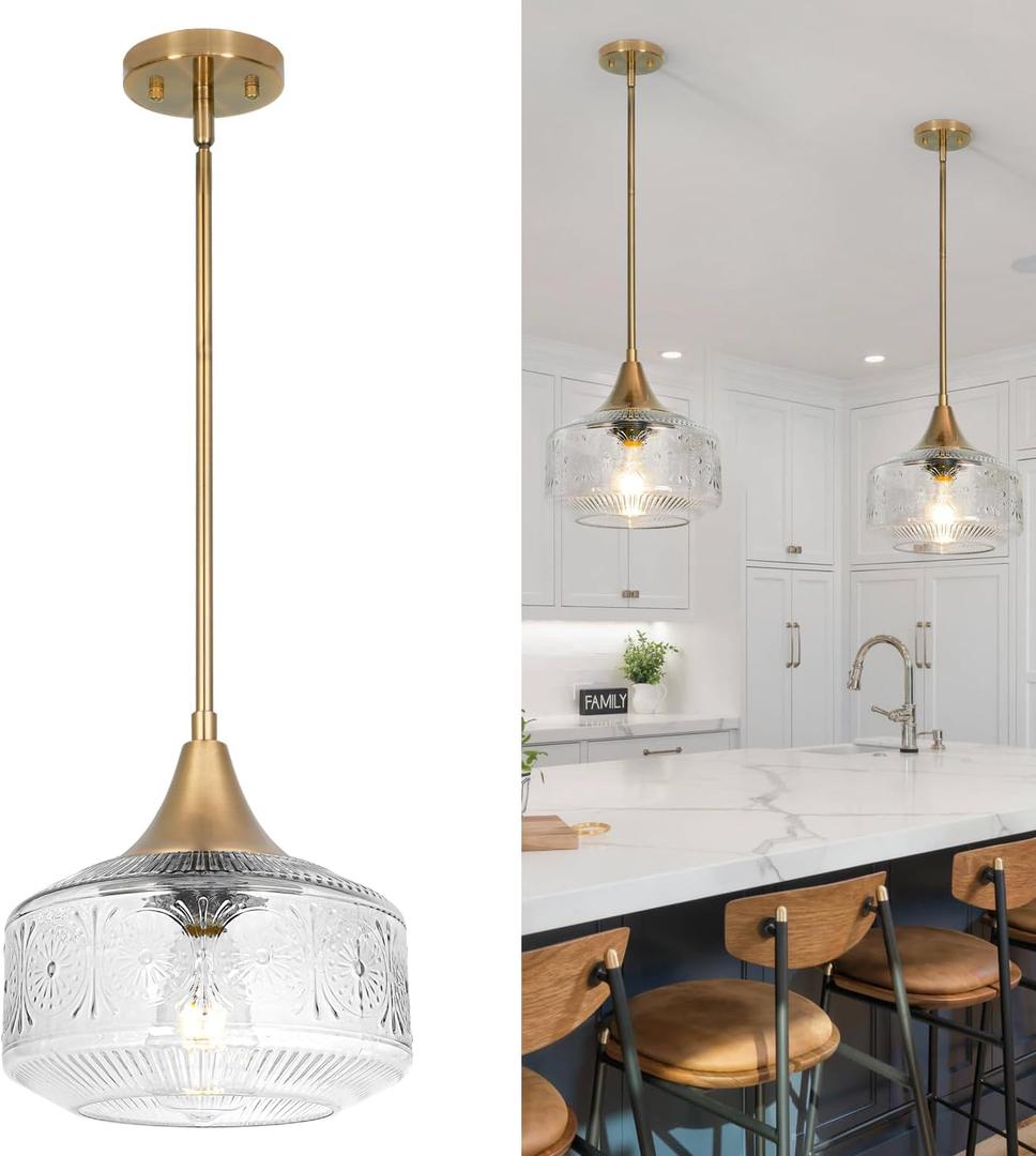 9'' Vintage Gold Pendant Light with Clear Glass, Adjustable Pendant Lighting for Kitchen Island Brushed Pendant Lights Convertible Ceiling Mount Or Hanging Fixture for Hallway Bathroom,Brown Bronze