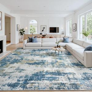 Area Rug 9x12 Living Room Rug Washable: No-Slip Abstract Soft Thin Large Blue Rugs, Indoor Floor Stain Resistant Modern Carpet for Bedroom Dining Room Farmhouse Nursery Home Office (Blue, 9'x12')