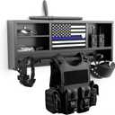 Police Gear Rack for Gun Storage, Tactical Police Hanger with Hooks, Police Gear Stand Wall-Mounted with Password Lock Safe & Decorative Flags, Black