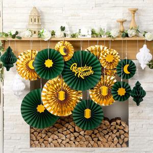 Epakh 29 Pcs Ramadan Decorations for Home Ramadan Hanging Paper Lantern Eid Wall Ceiling Decoration Honeycomb Paper Fan Eid Mubarak Home Decoration Birthday Wedding Party Supply(Green & Gold)