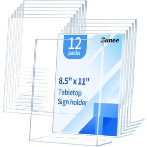 SUNEE 12 Pack Acrylic Sign Holder 8.5x11, Clear Plastic Paper Stand for Flyers and Menus, Vertical L-Shape Display Frame for Restaurant, Office, Stores, Tabletop