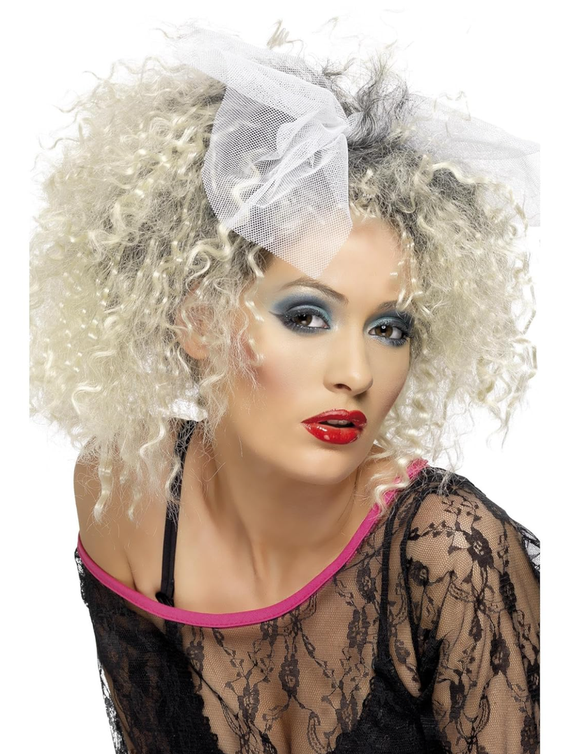 Smiffy's Women's 80's Wild Child Wig Blonde Short Curly with Bow