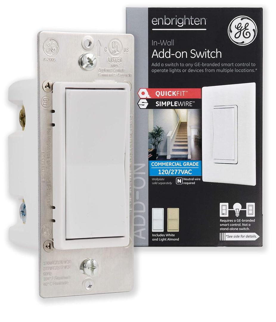 Enbrighten Add-On Switch QuickFit and SimpleWire, In-Wall Rocker Paddle, Z-Wave ZigBee Wireless Smart Lighting Controls, NOT A STANDALONE Switch, 46199 , White and Light Almond