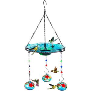 Hummingbird Feeder and Bird Bath for Outdoors 2-in-1 for Small Birds - Hummingbird Bath Fountain with 3 Red Feeder Pots - Hanging Solar Bird Bath Fountains NY1-FN04 (Blue)