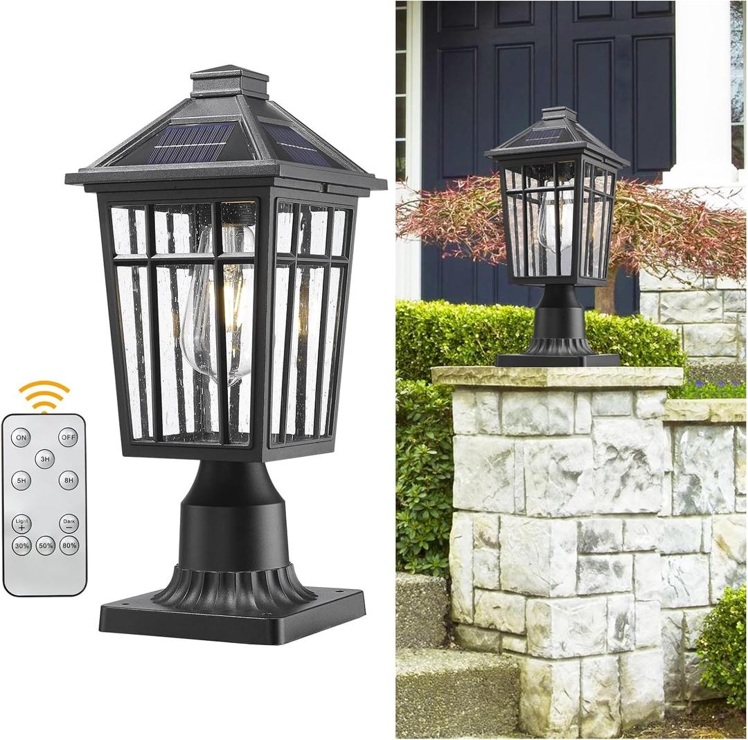 Darkaway Solar Post Lights Lamp Outdoor Pole Light Fixture, Dusk to Dawn Aluminum Outside Lighting with Remote, Solar Pole Lamp Fence Deck Post Lighting for Garden, Patio, Pathway (15inch, Black-S16)