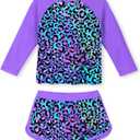 TUONROAD Girls 2 Pieces Rash Guard Swimsuit Long Sleeve Tankini for 4-10 Years (Leopard-purple)
