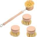 3 Wooden Dish Washing Brush Wooden Cleaning Brush with 3 Replacement Heads, Wood Long Handled Dish Brush Natural Dish Brushes,Eco Friendly