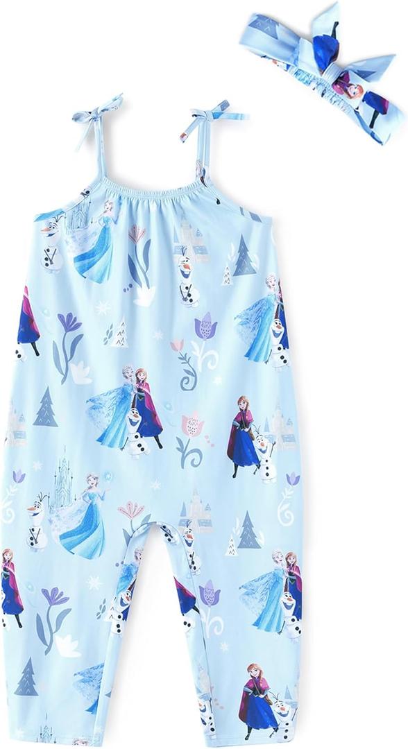 Disney Frozen Elsa Princess Minnie Stitch Marie Girls Romper with Bow Tie Strap and Headband Cute Jumpsuit for Baby & Toddler (4-5T)