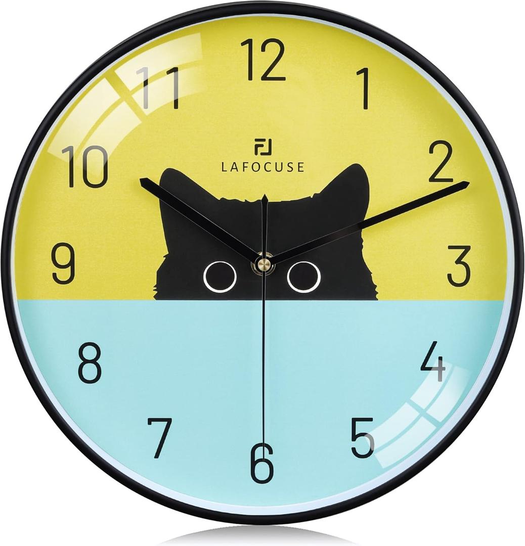 Lafocuse 12 Inch Silent Black Cat Wall Clock for Living Room Decor, Analog Colorful Cute Clocks for Cat Lovers Battery Operated, Decorative Animals Clock for Kids Bedrooms Home Classroom