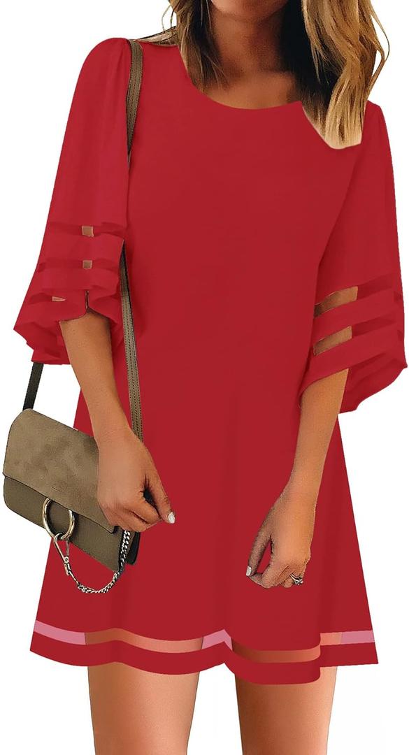 LookbookStore Women Casual Crewneck Mesh Panel 3/4 Bell Sleeve Loose Tunic Dress (XX-Large, True Red)